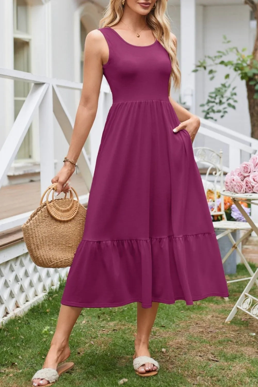 Round Neck Wide Strap Tank Dress by Gen Beauty