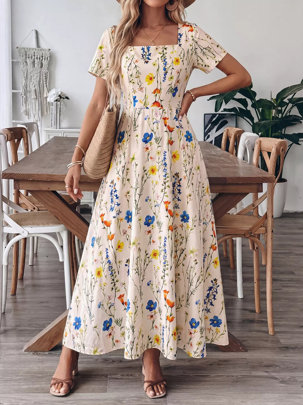 Floral Print Square Neck Maxi Dress in Apricot