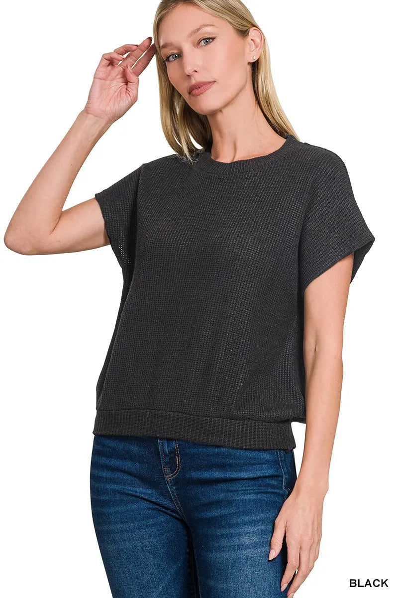 Zenana Round Neck Banded Button Sweater in Black