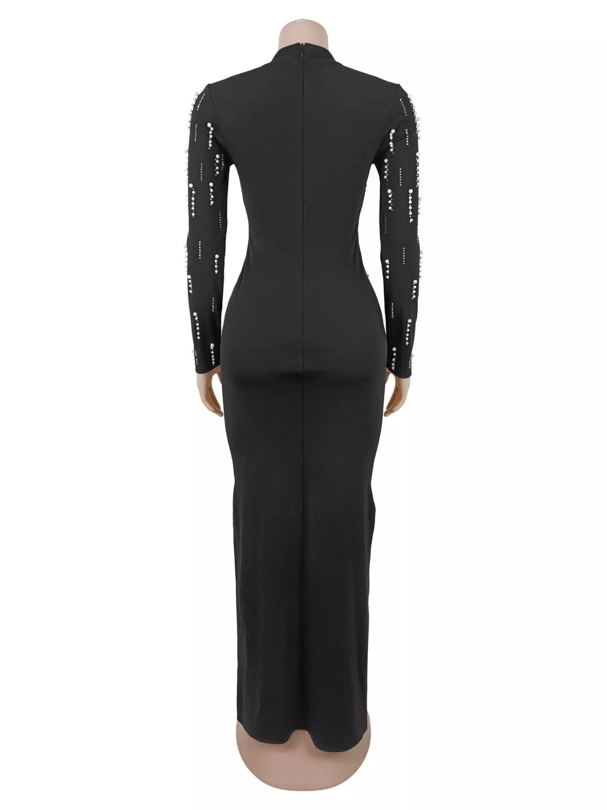 Pearl Detail Long Sleeve Maxi Dress in Black