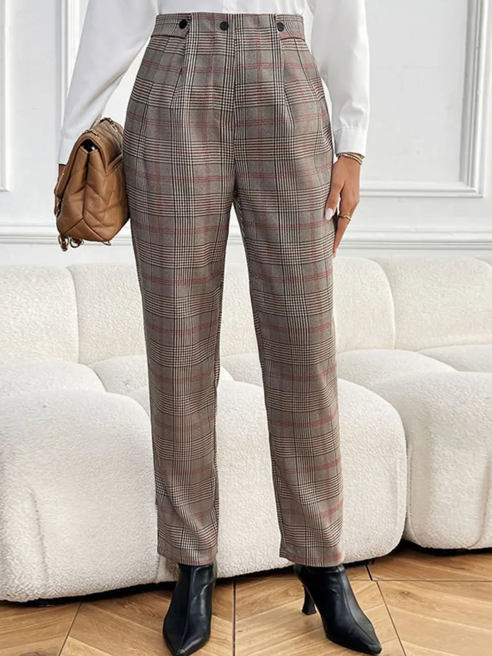 Plaid Straight Pants in Taupe