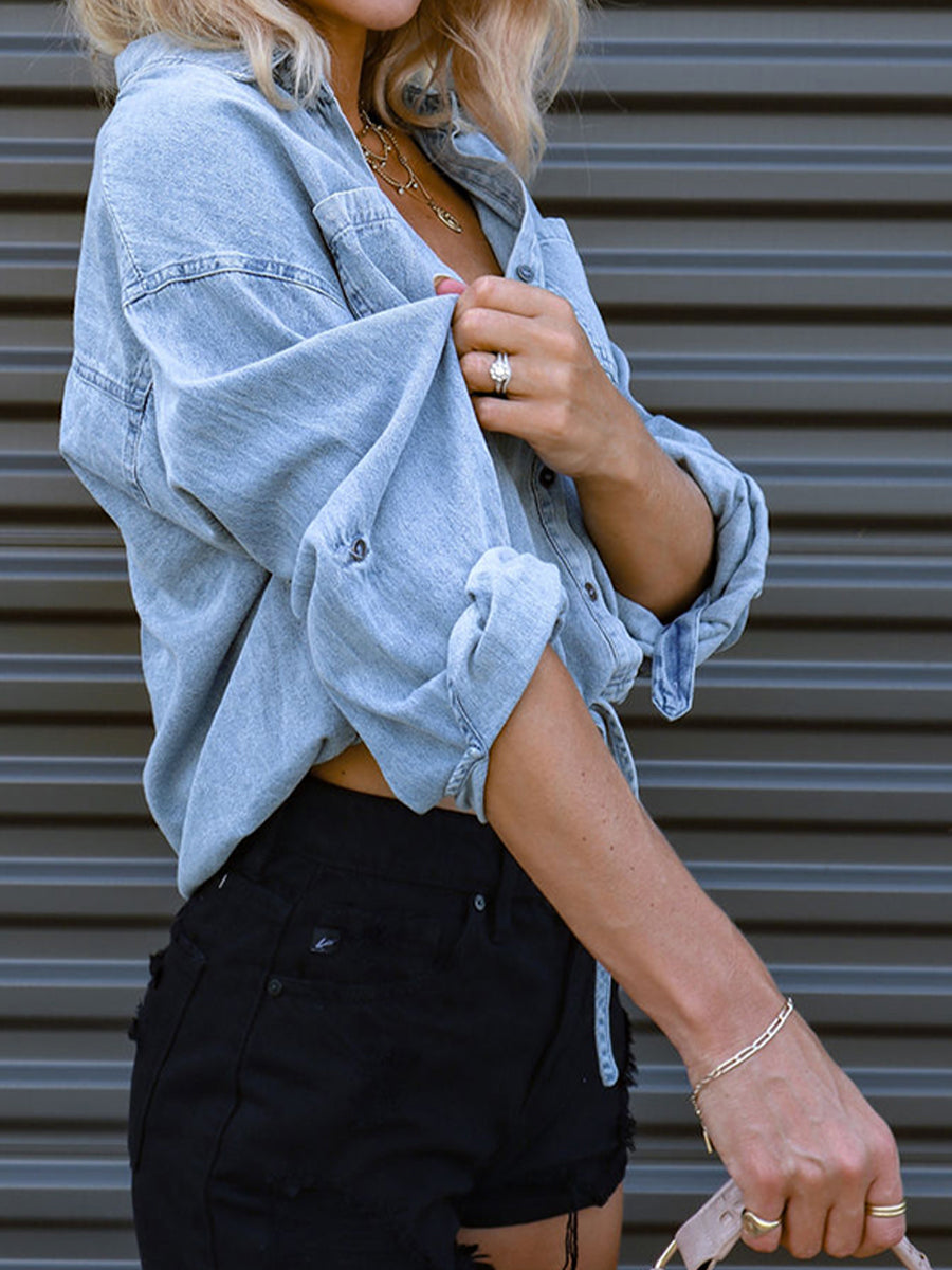 Tie Detail Button-Up Denim Top by Y.Y@Denim
