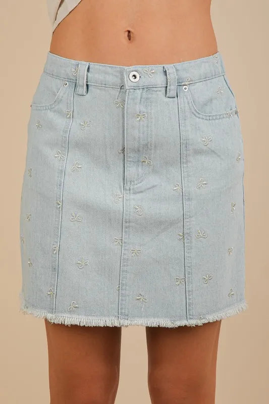 Embroidered Bow Print Denim Mini Skirt in Light Indigo in Lt Indigo
