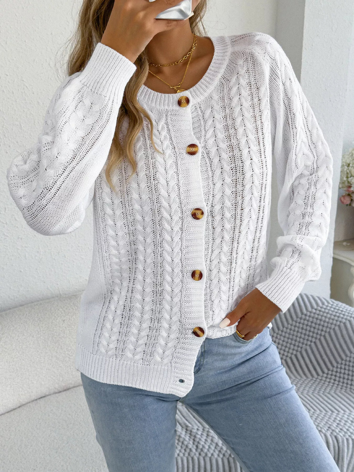 Cable-Knit Button-Front Cardigan by Clise