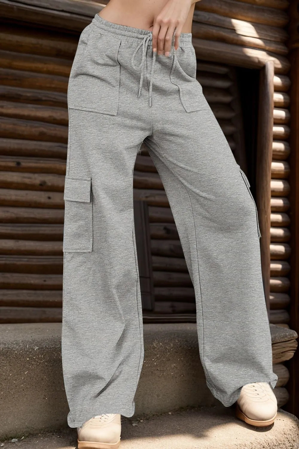 Drawstring Active Pants with Pockets in Gray