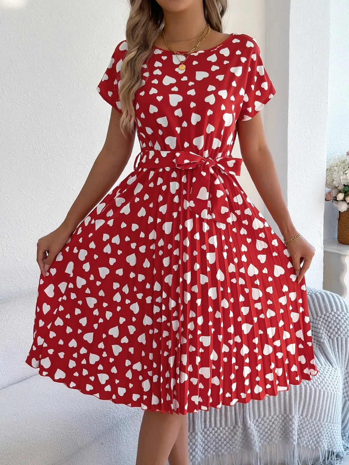 Heart Print Tie Waist Dress