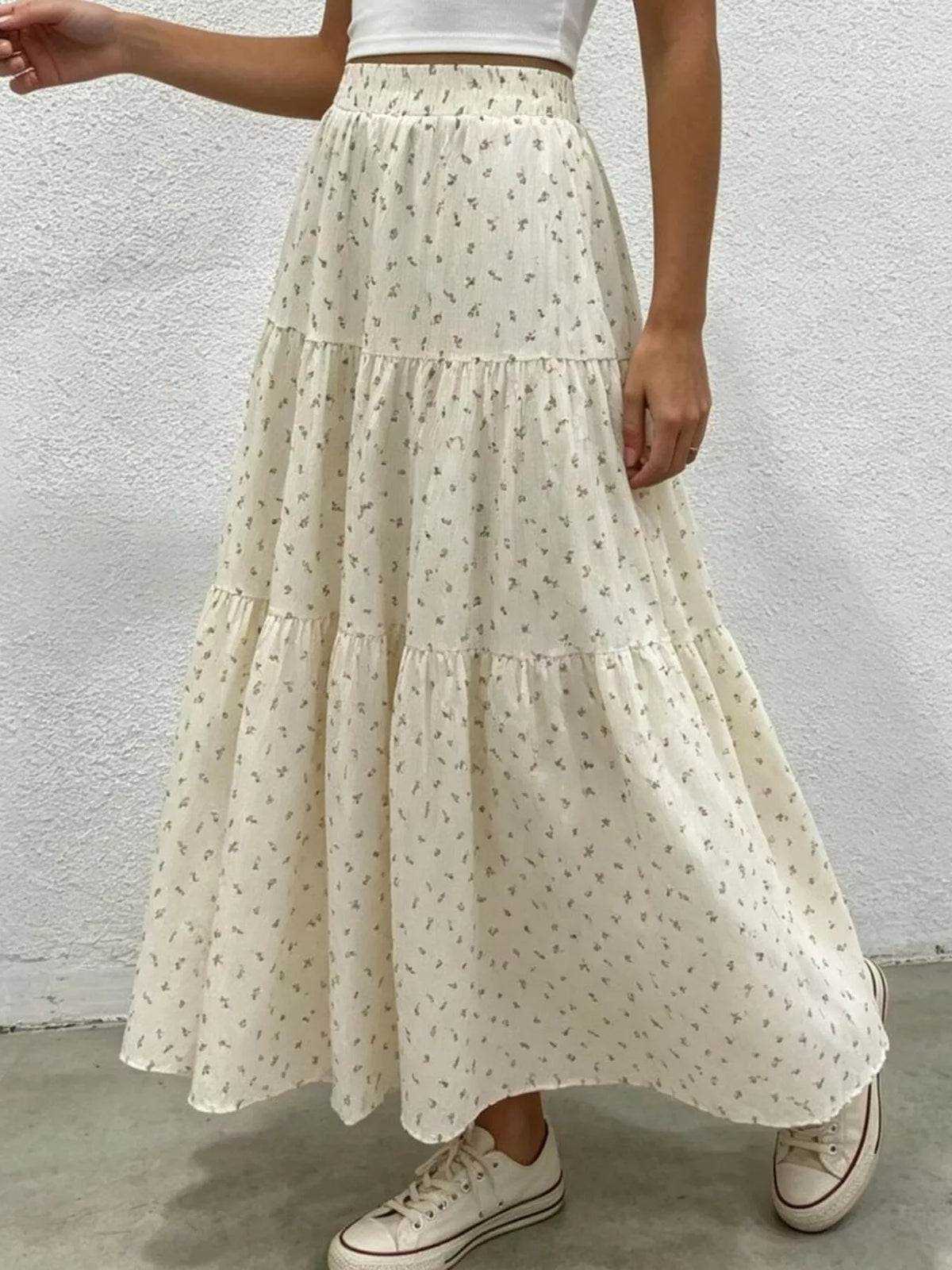 Beige Floral Print Tiered Maxi Skirt