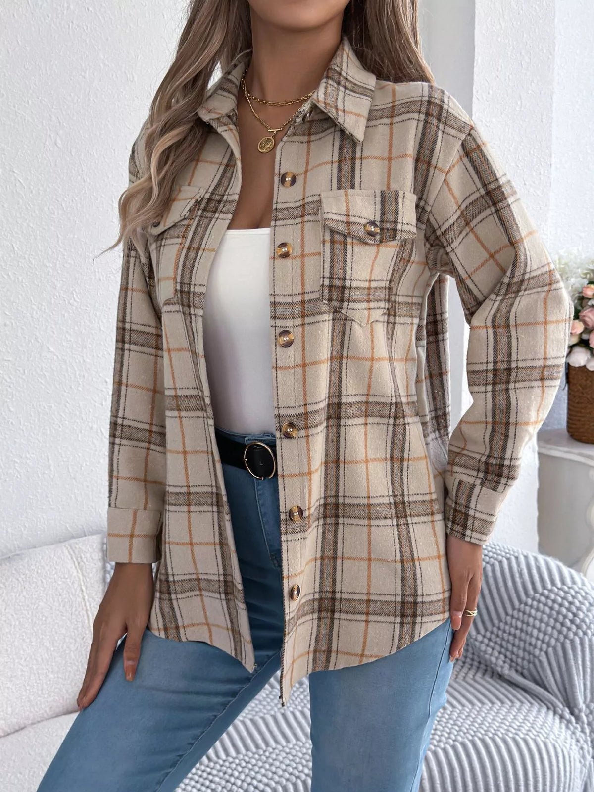 Plaid Button-Down Shacket by Clise