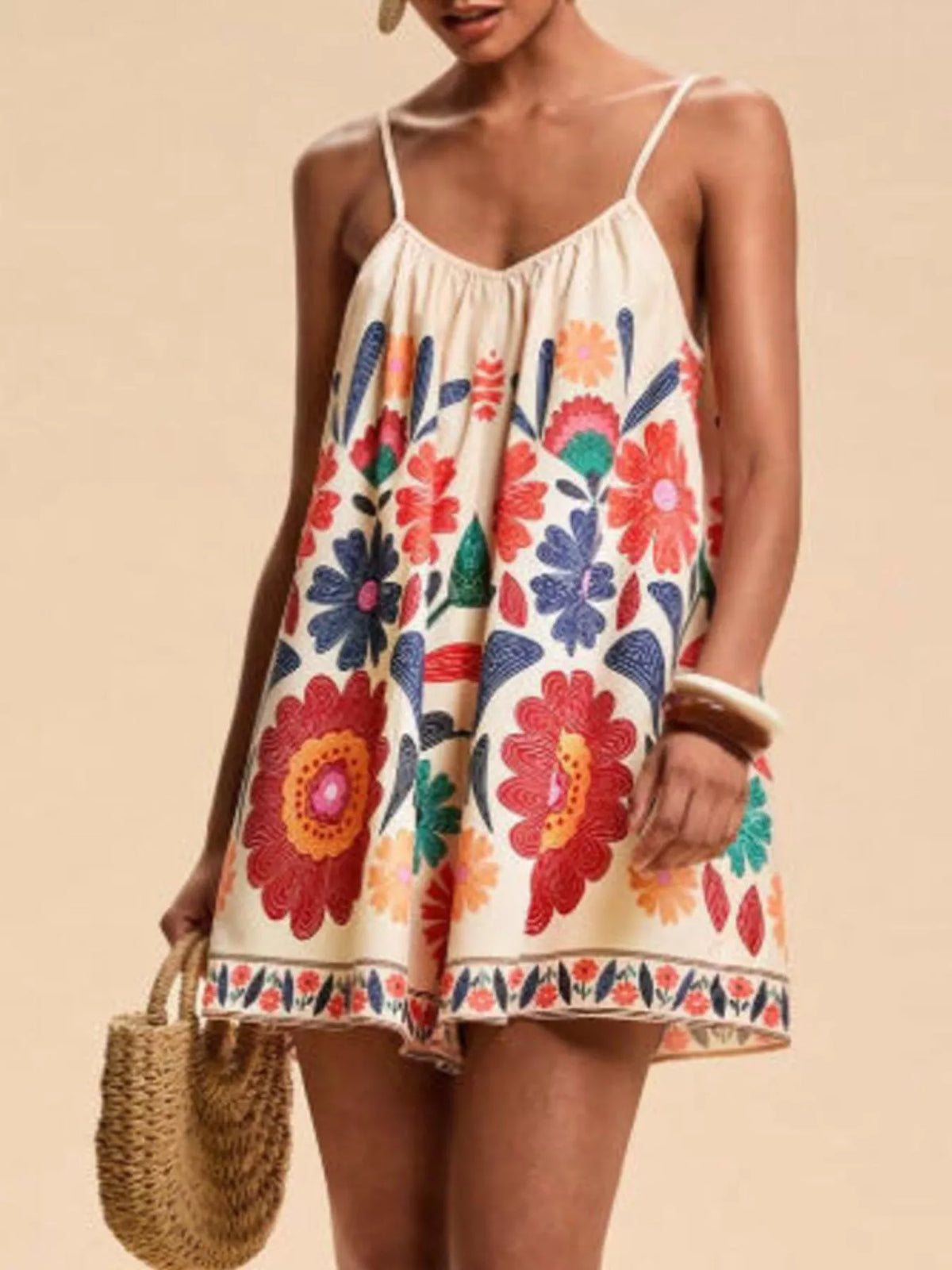 Floral Print Tied Romper in Red