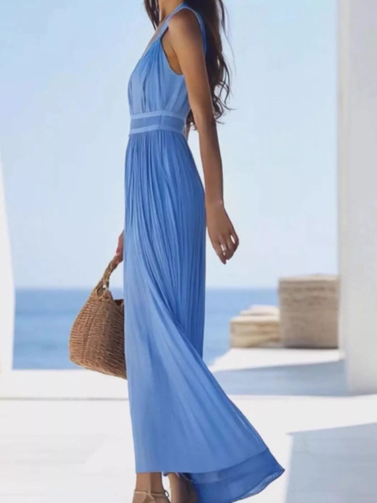 Ruched V-Neck Maxi Dress in Sky Blue