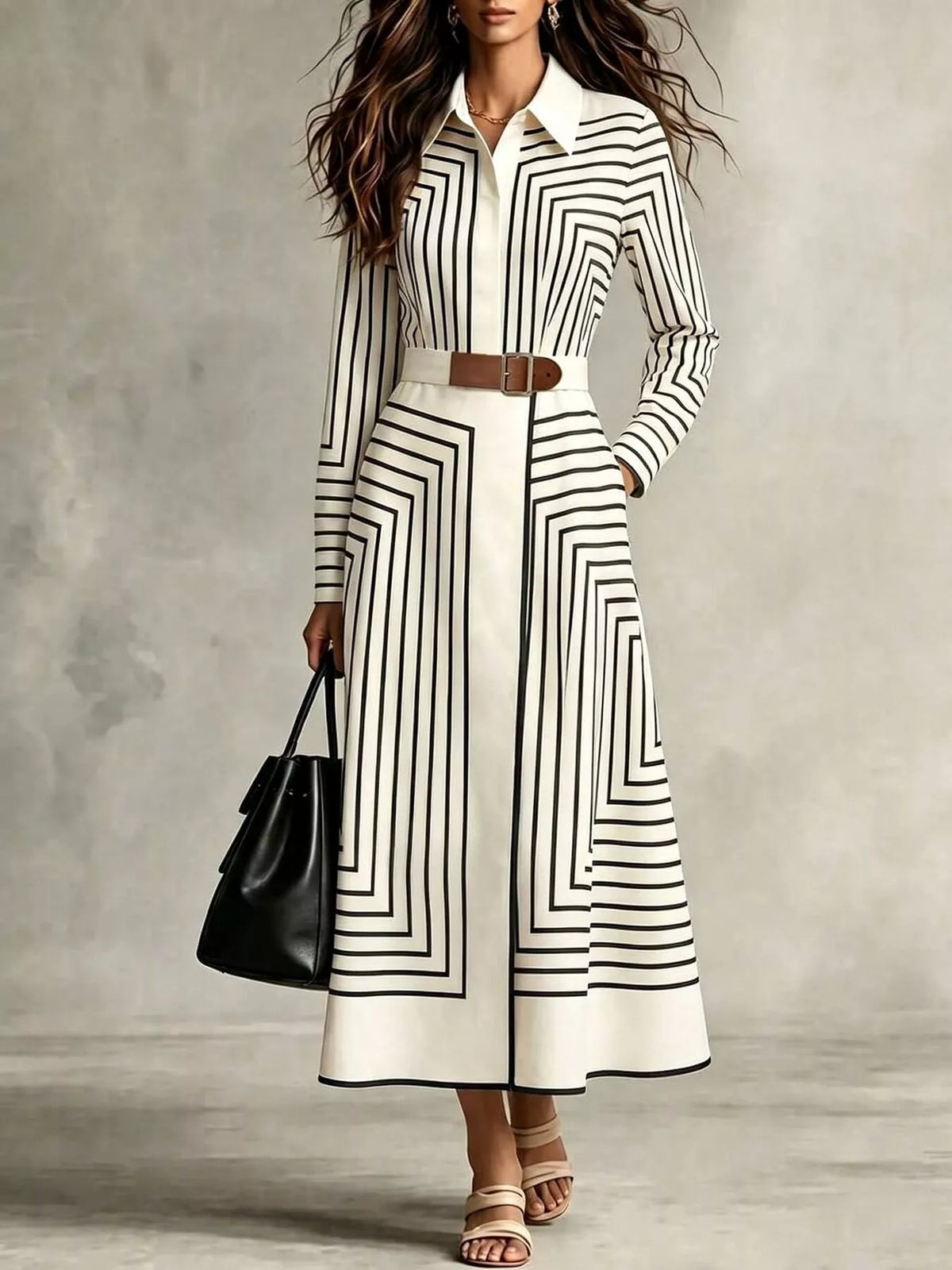 Geometric Striped Midi Shirt Dress in White