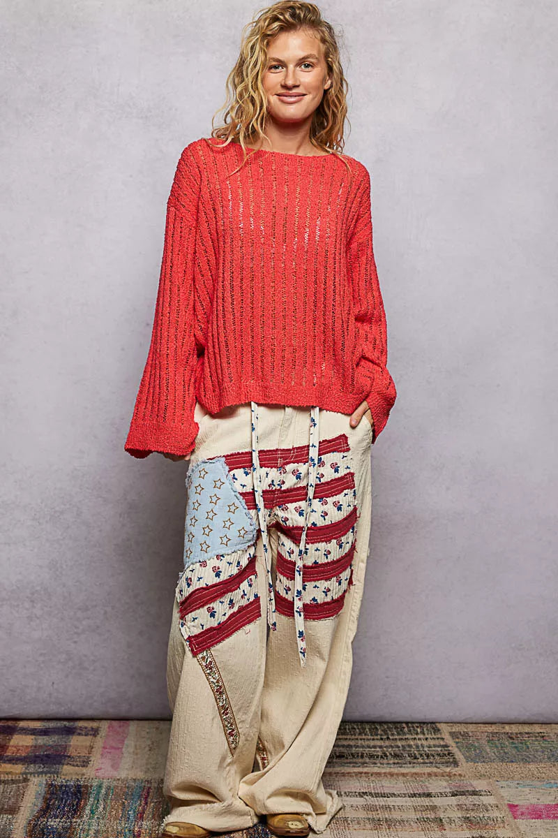 Open Weave Round Neck Sweater in Apple Red by POL