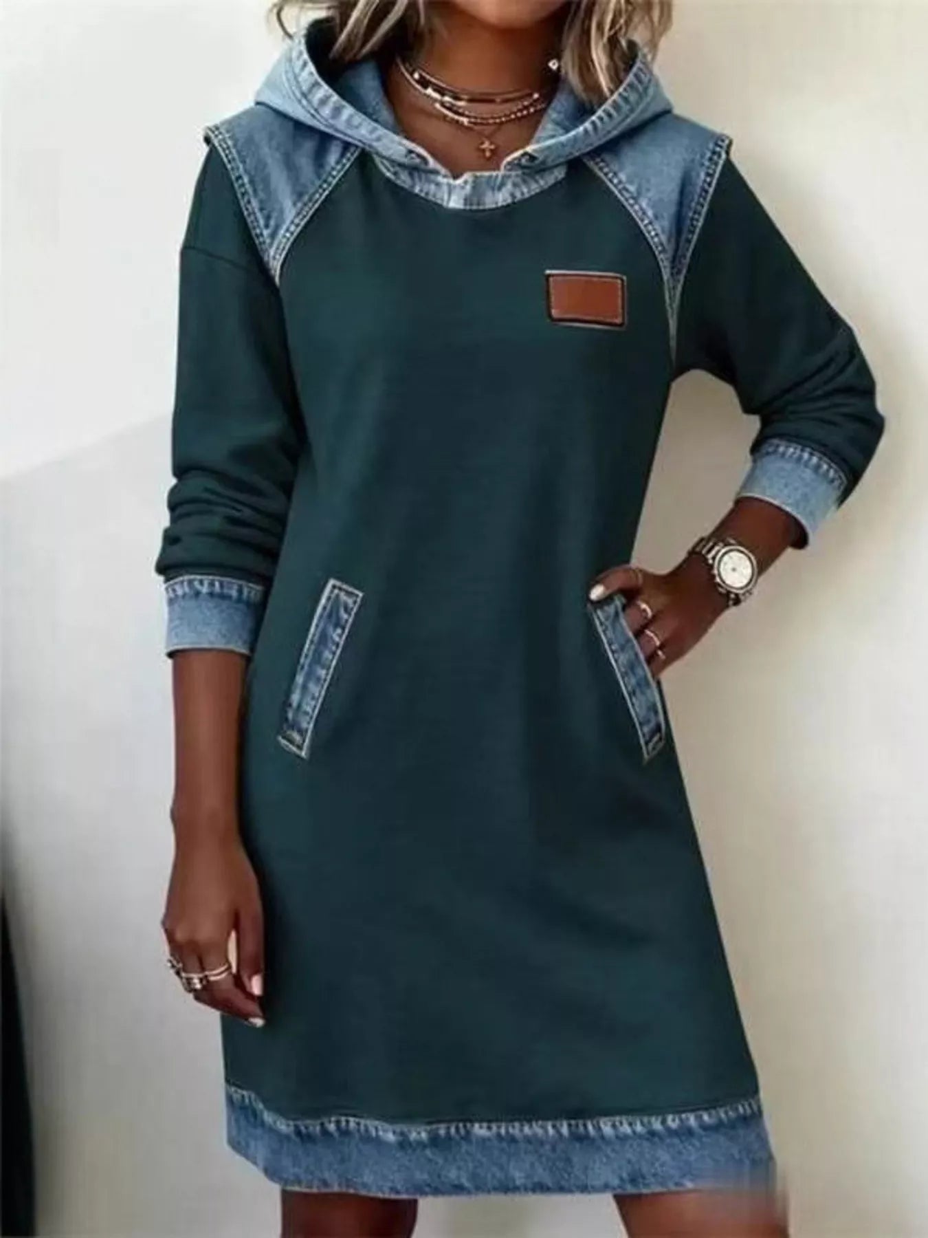 Hooded Denim Patchwork Sweatshirt Dress