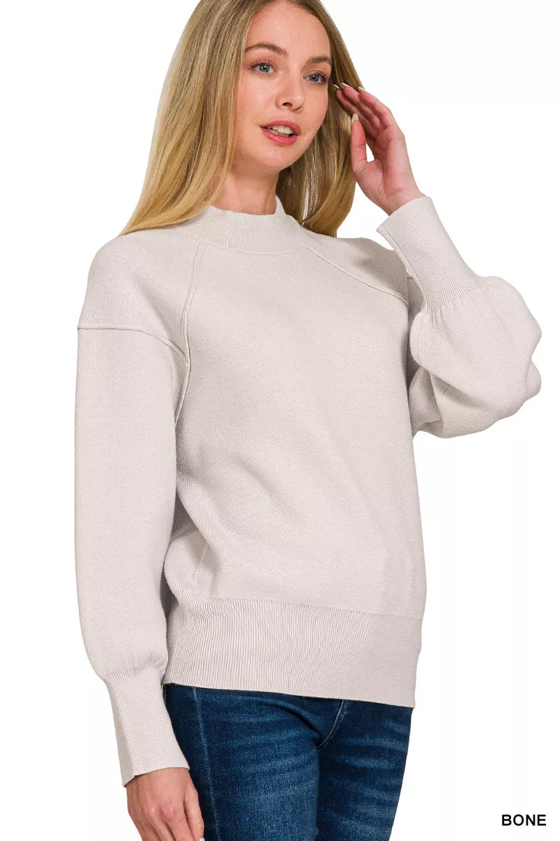 Zenana Viscose Mock Neck Sweater in Bone