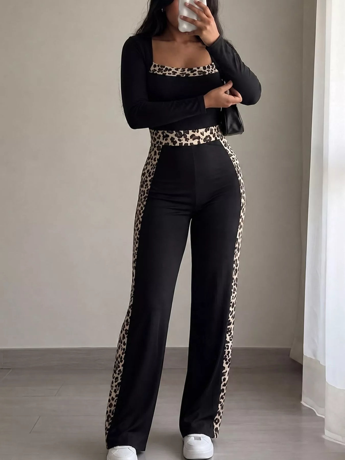 Leopard Trim Long Sleeve Jumpsuit in Black