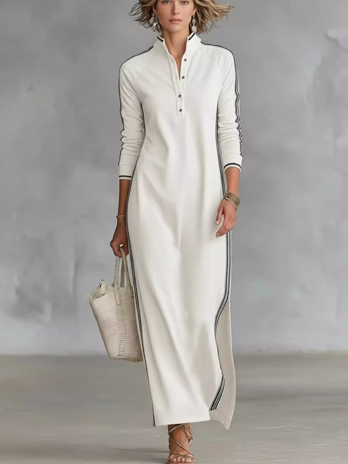 Side Stripe Slit Maxi Dress with Contrast Stitching
