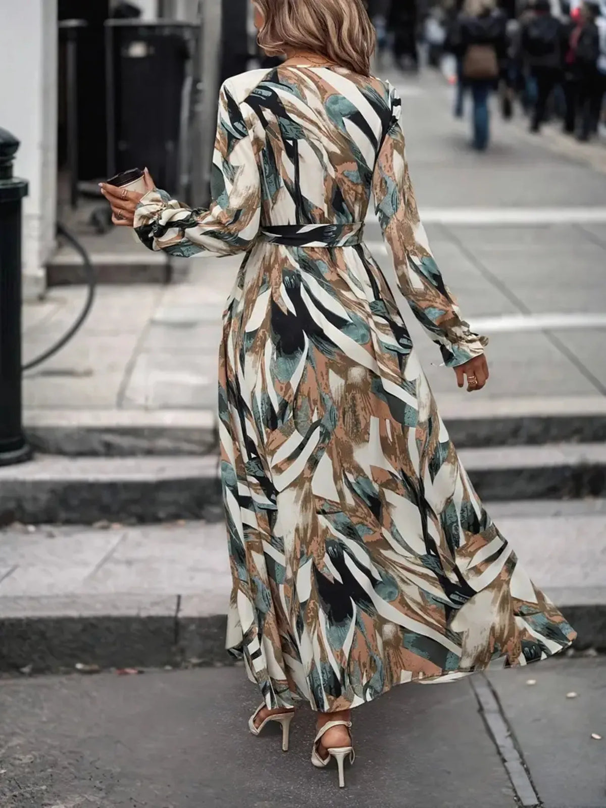Printed Surplice Long Sleeve Maxi Dress