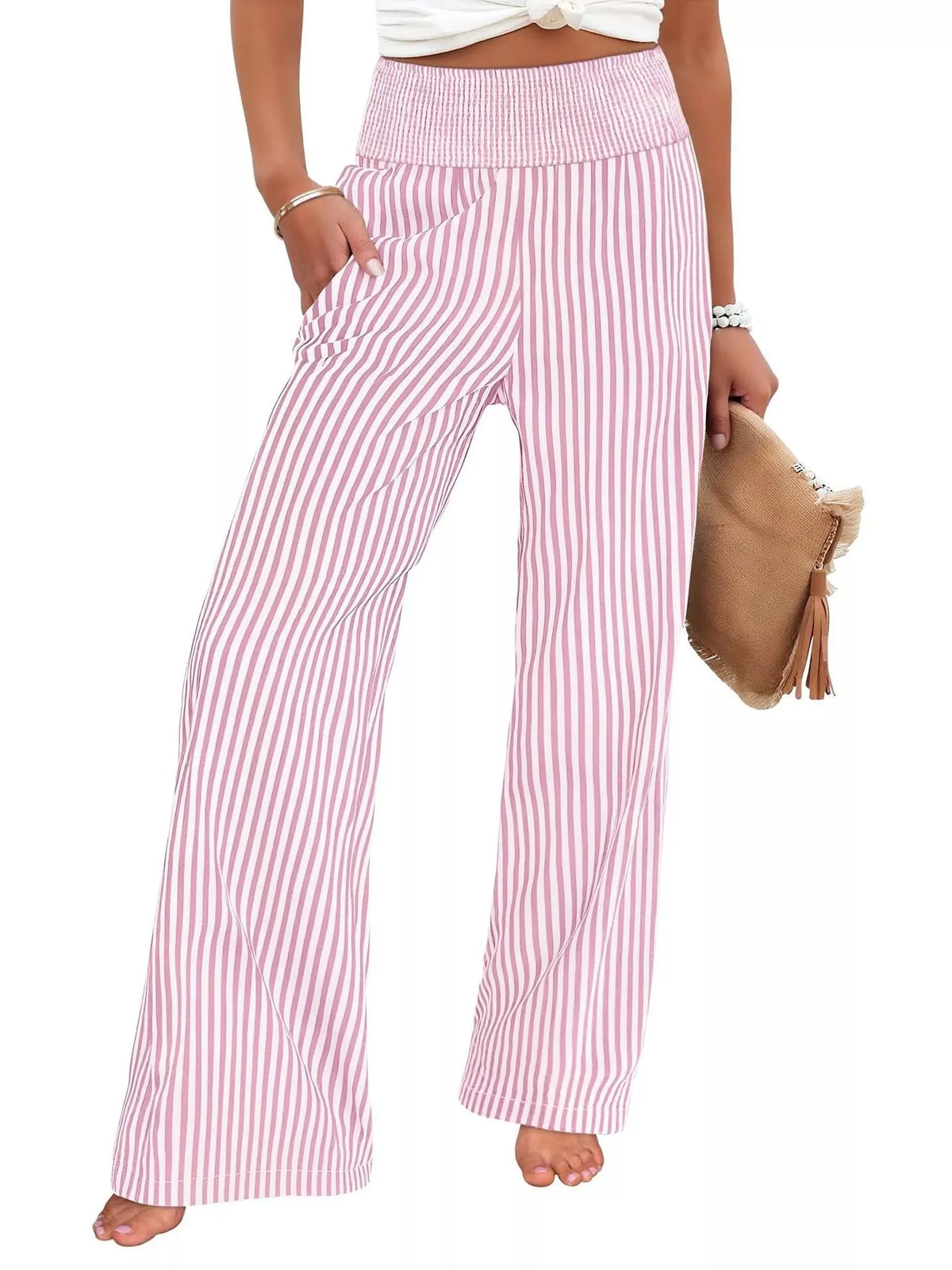 Striped Smocked Wide-Leg Pants