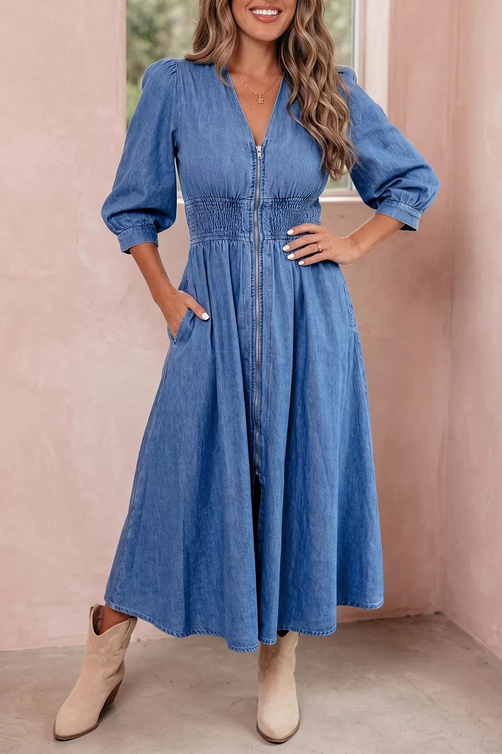 V-Neck Shirred Waist Denim Midi Dress in Peacock Blue in Peacock  Blue