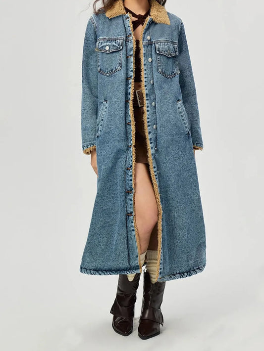 Fur Lined Denim Jacket in Medium Wash