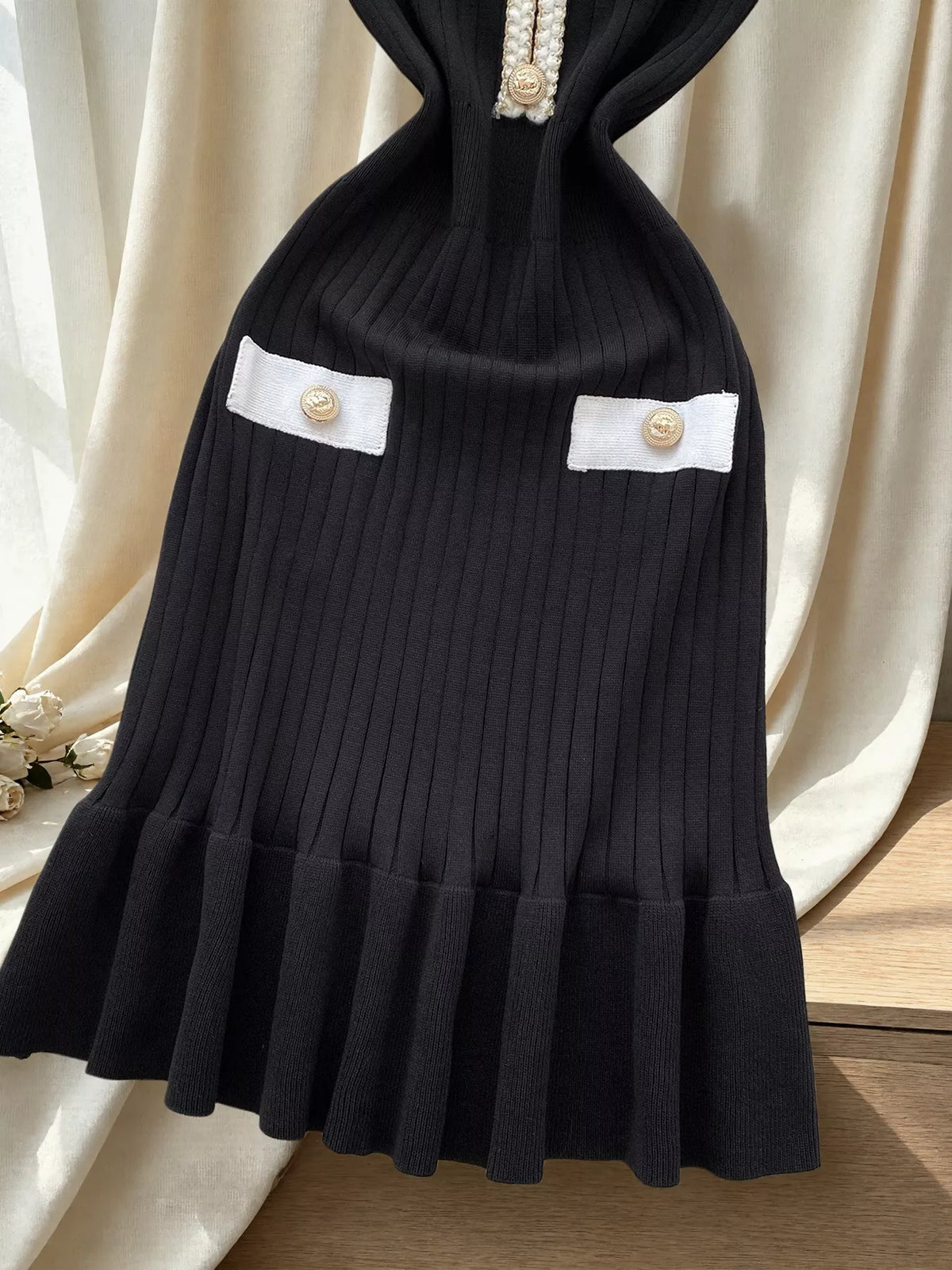Ruffled Hem V-Neck Ribbed Knit Dress