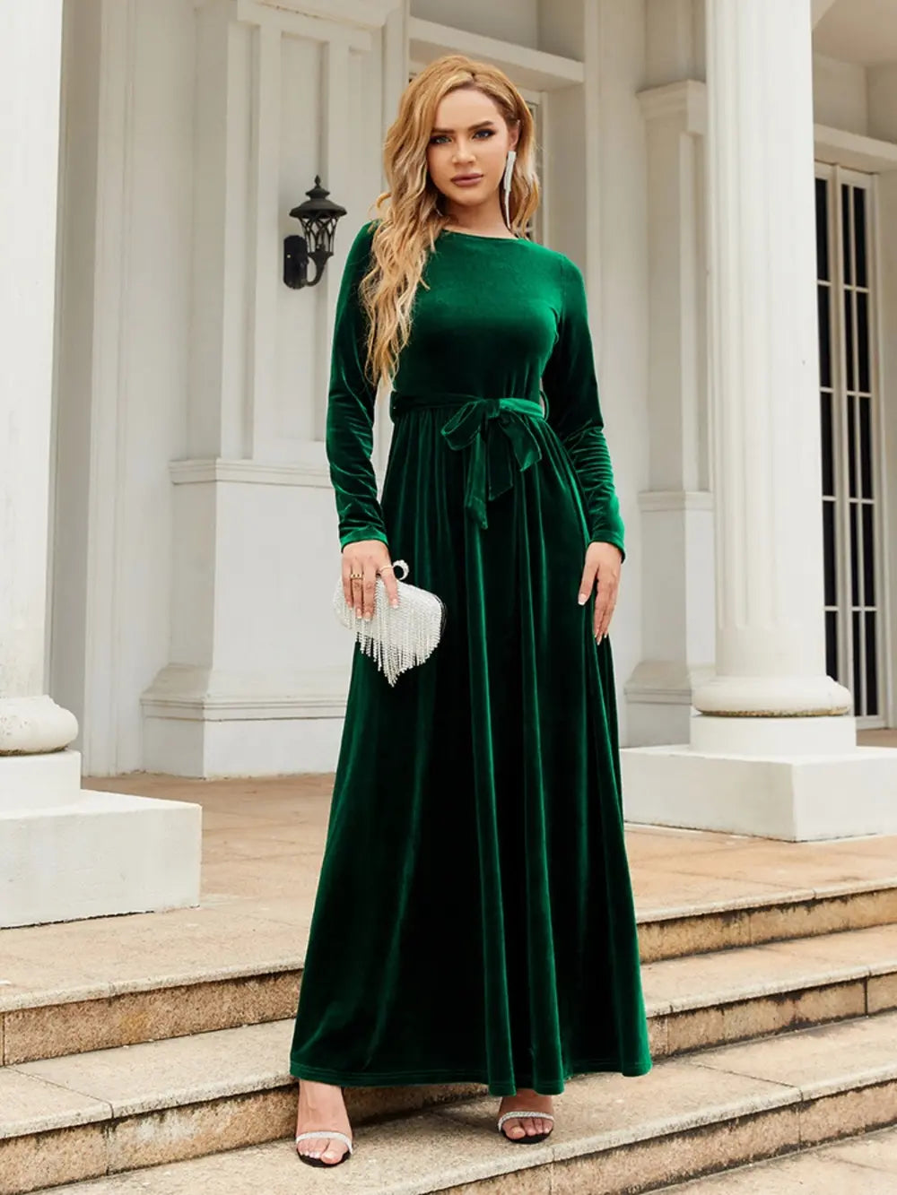 Tie-Front Round-Neck Long-Sleeve Maxi Dress