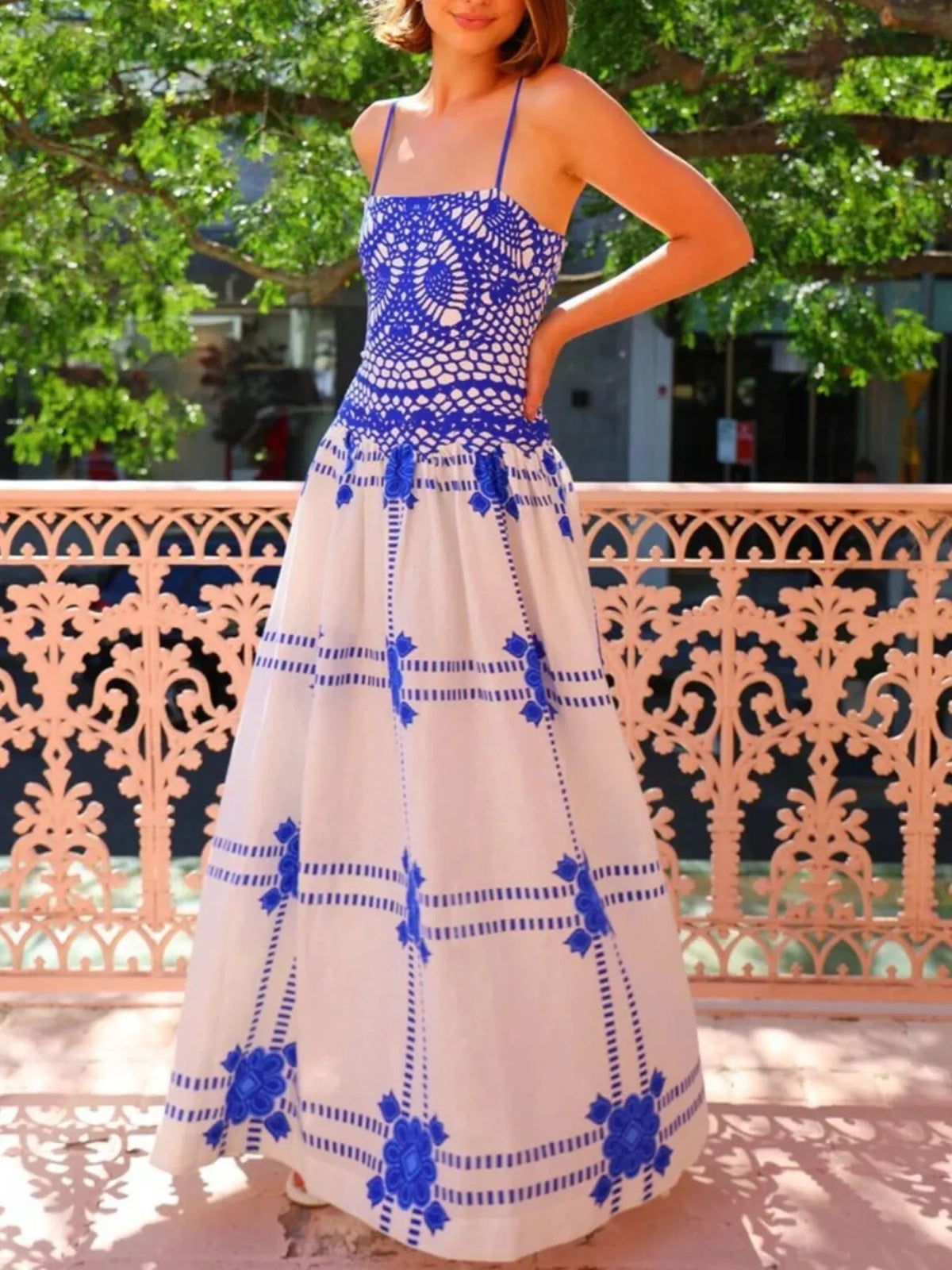 Printed Square Neck Maxi Cami Dress in Blue