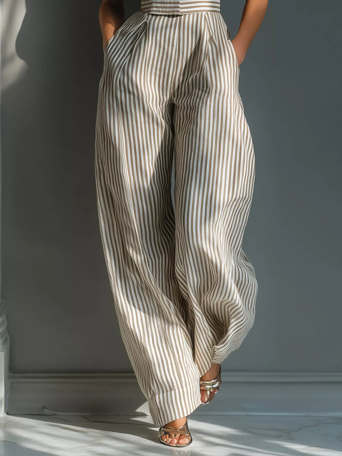 Striped Tie-Shoulder Wide-Leg Jumpsuit in Khaki