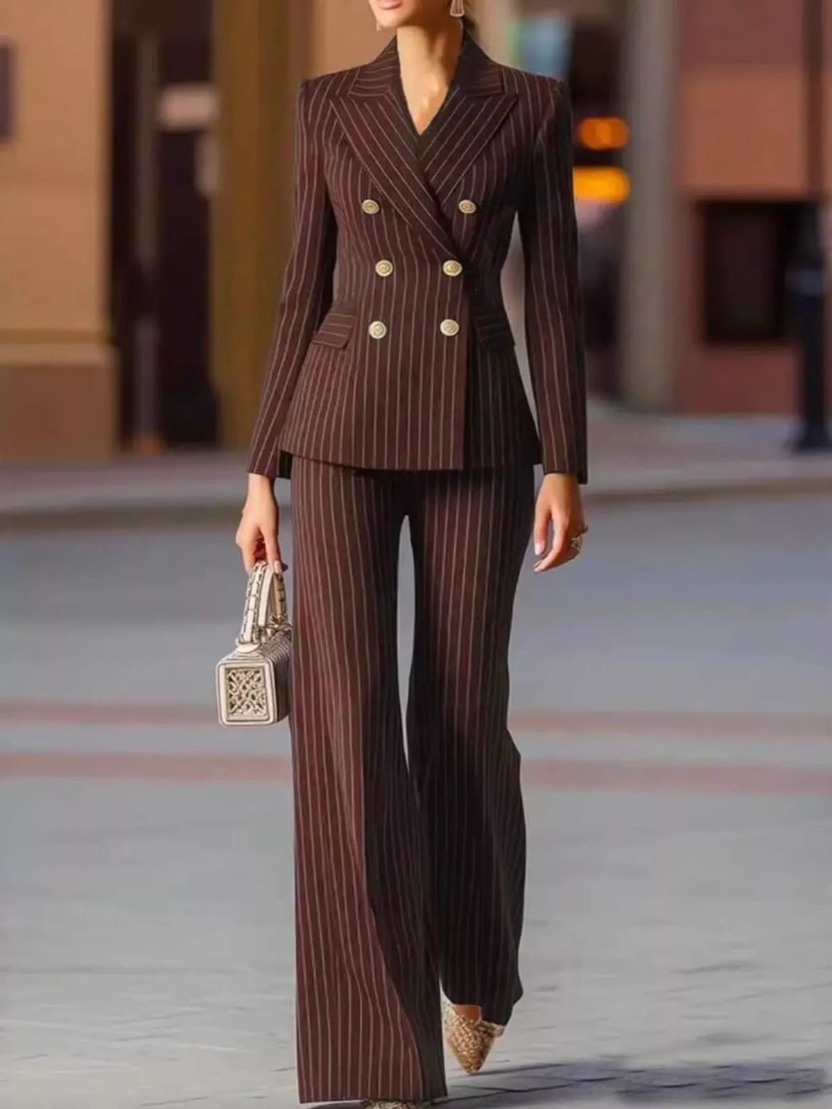 Double-Breasted Pinstripe Blazer and Pants Set