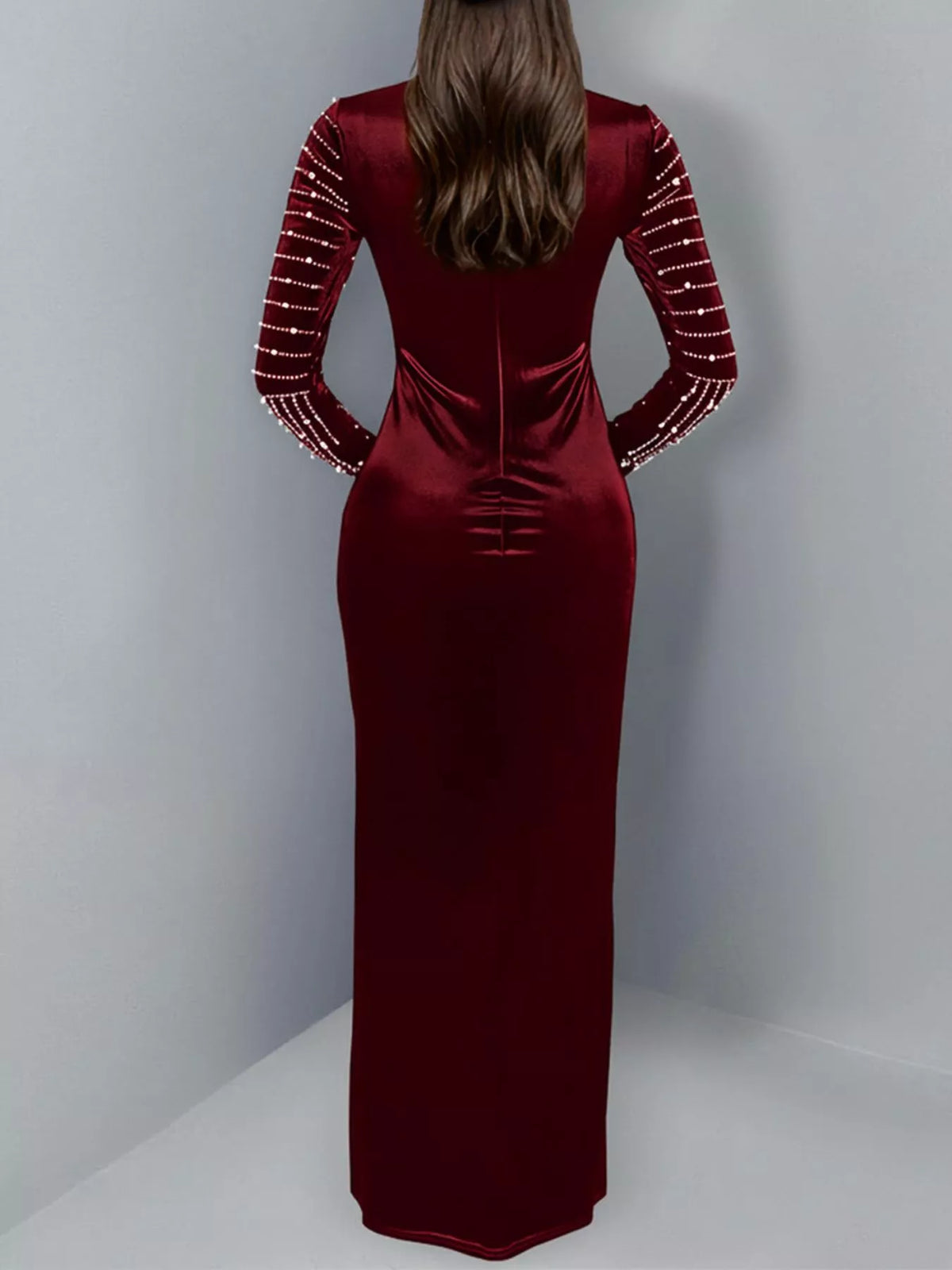 Rhinestone Mock Neck Long Sleeve Maxi Dress