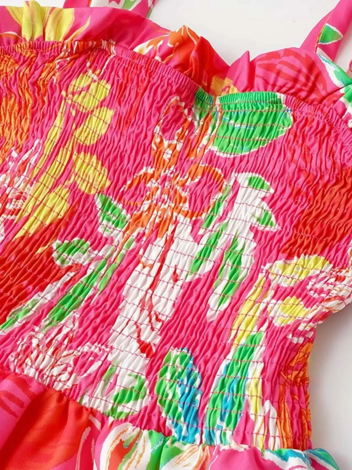 Tropical Print Smocked Tie-Strap Dress in Green