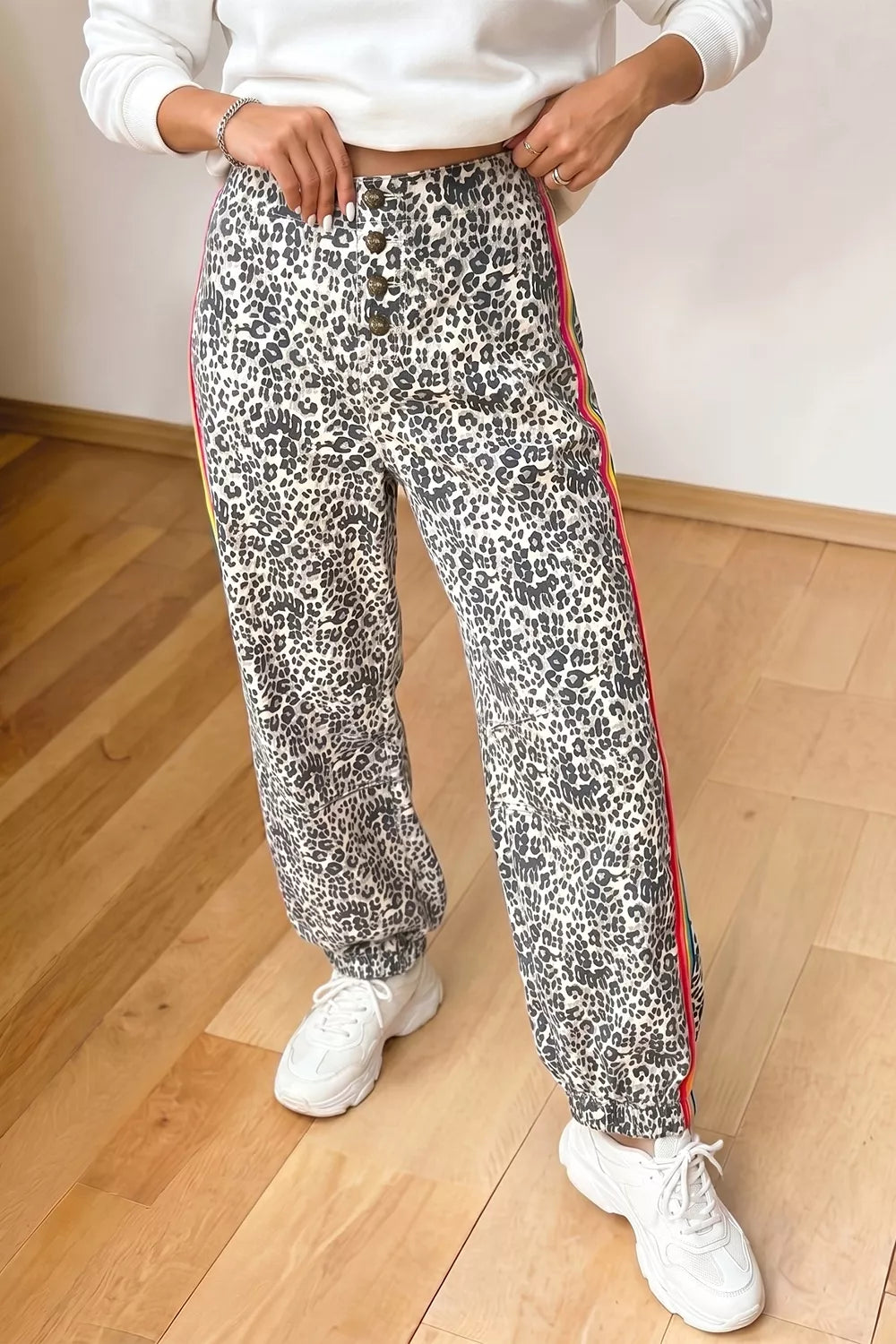 Rainbow Striped Jogger Jeans in Leopard