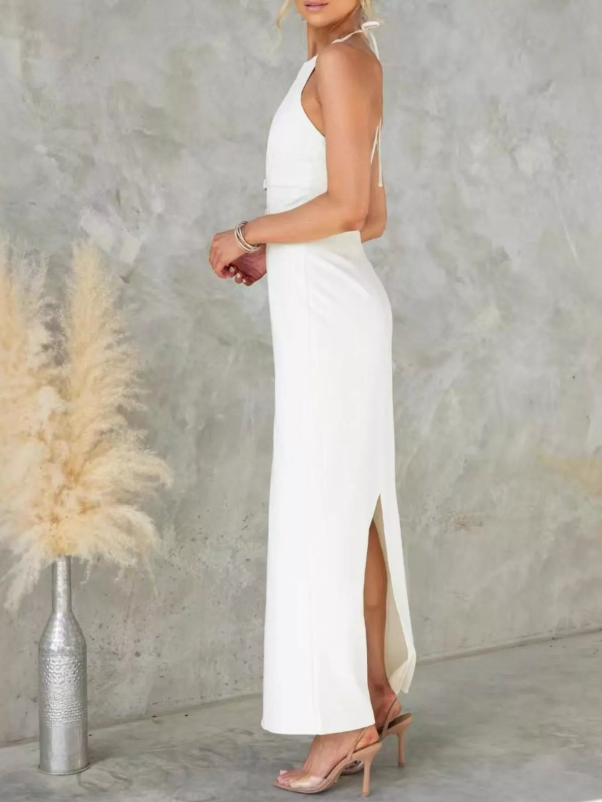 Slit-Back Halter Maxi Dress in Gray/White