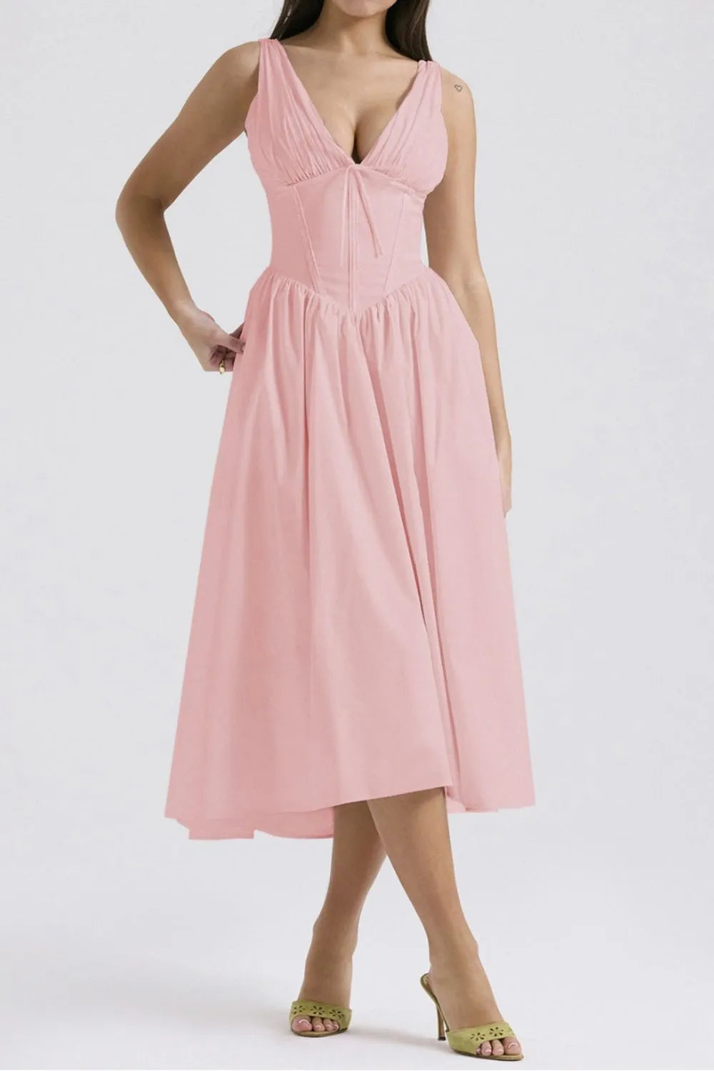 Ruched V-Neck Sleeveless Dress with Pockets