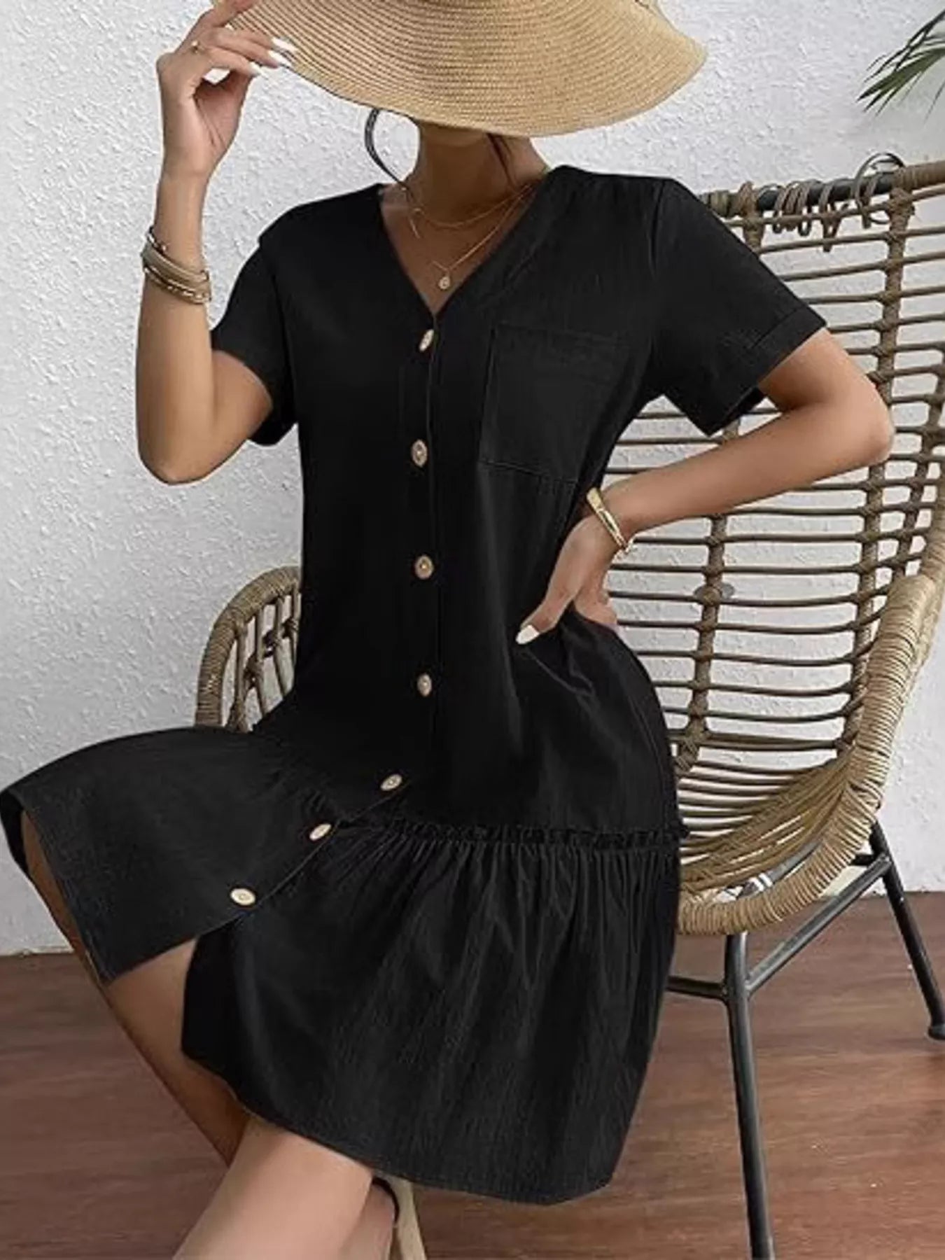 Button-Down Ruffle Hem Mini Dress