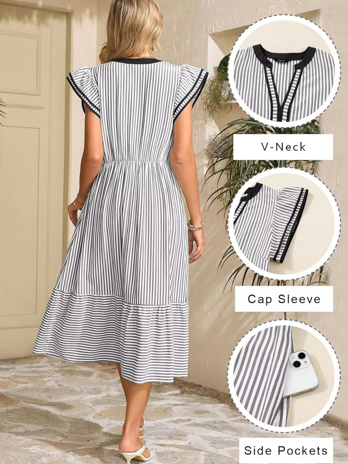 Striped Ruffle Sleeve Midi Dress with Pockets