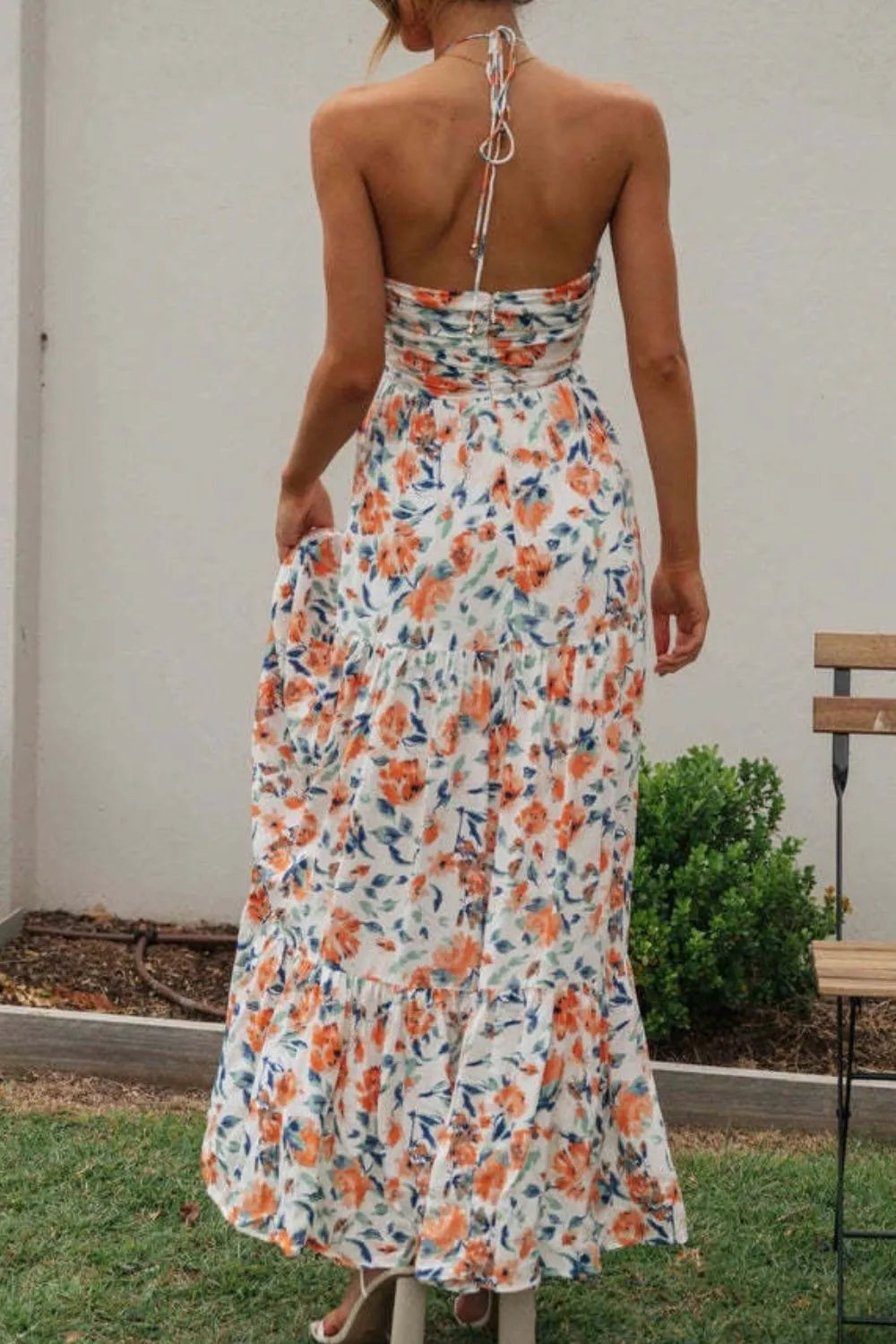 Floral Halter Tiered Maxi Dress in Watermelon Pink
