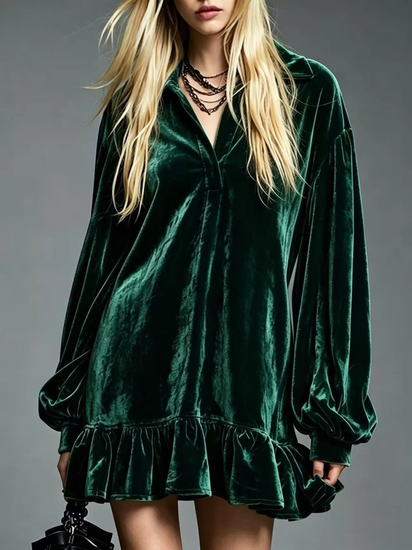 Velvet Ruffled-Hem Long Sleeve Dress