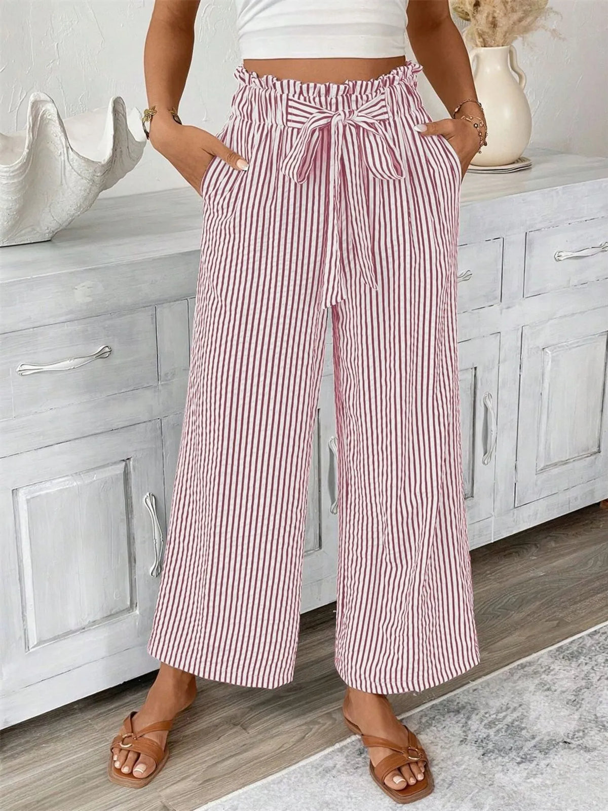 Striped Wide Leg Paper Bag Pants