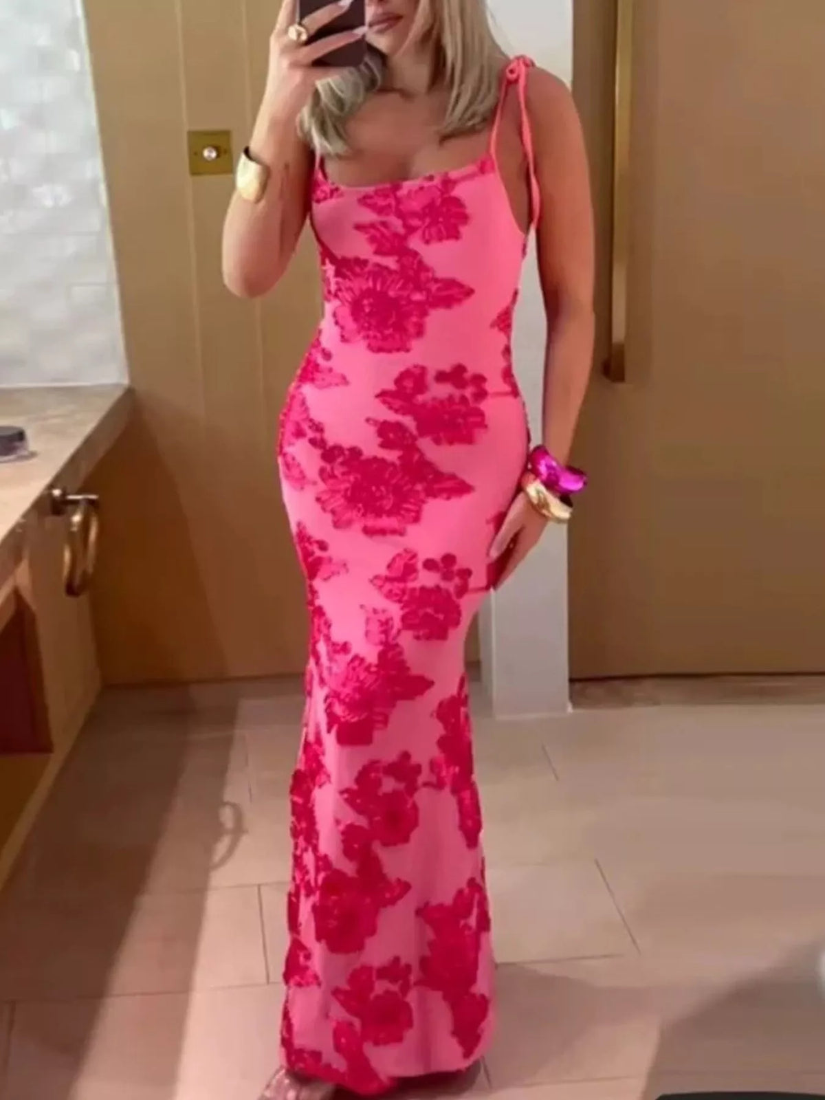 Floral Tie Shoulder Maxi Dress in Hot Pink