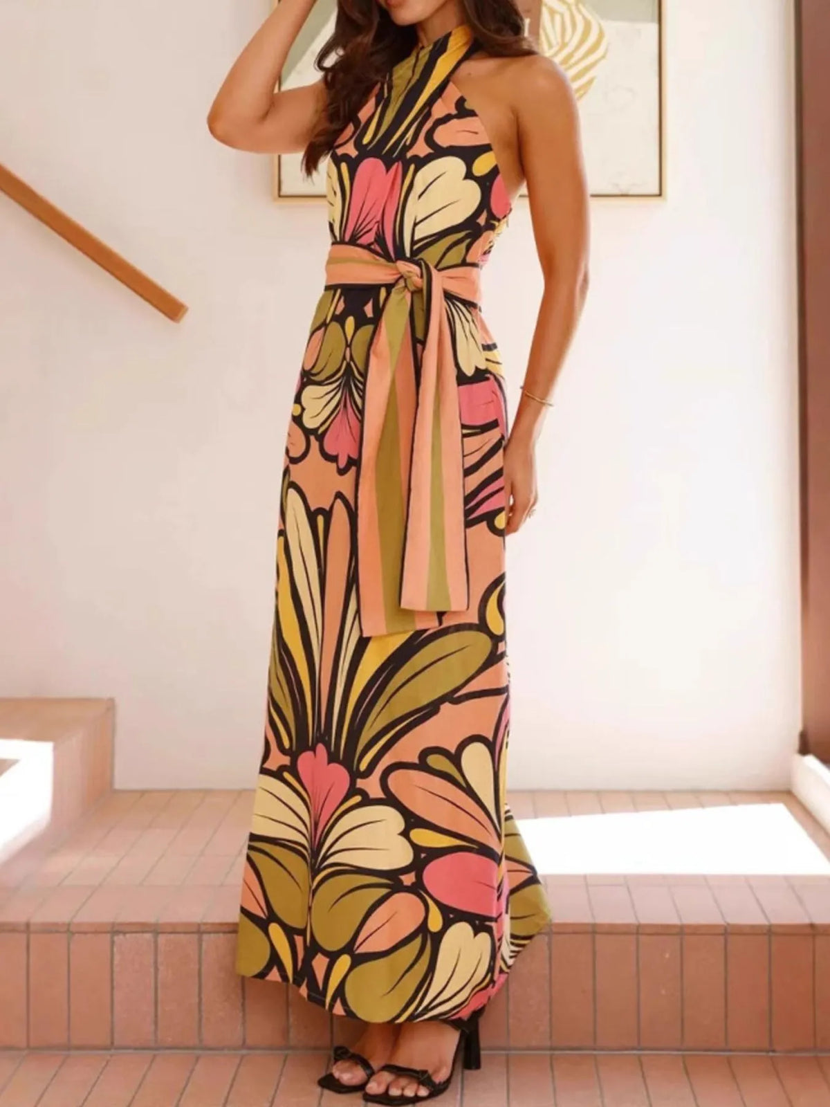 Printed Halter Maxi Dress in Multicolor