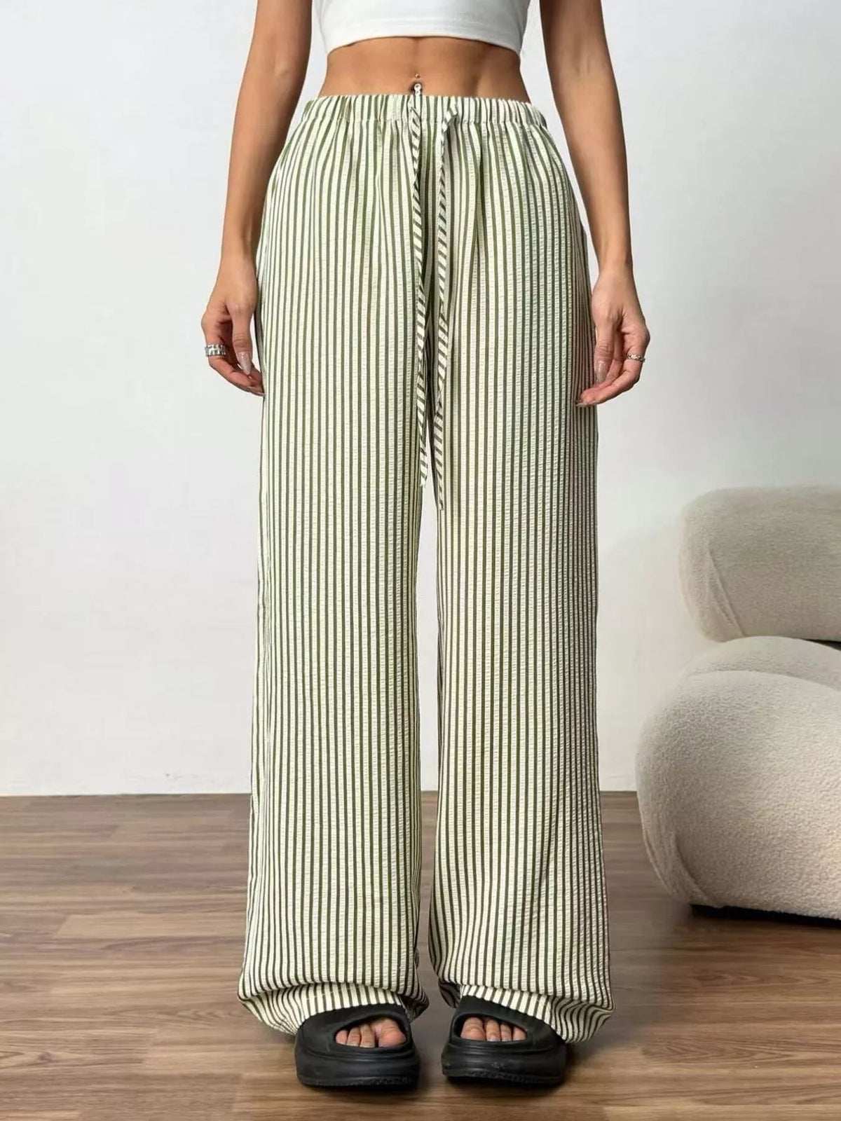 Plus-Size Striped Drawstring Wide-Leg Pants