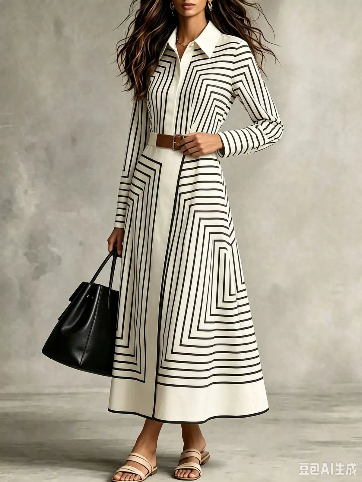 Geometric Striped Midi Shirt Dress in White