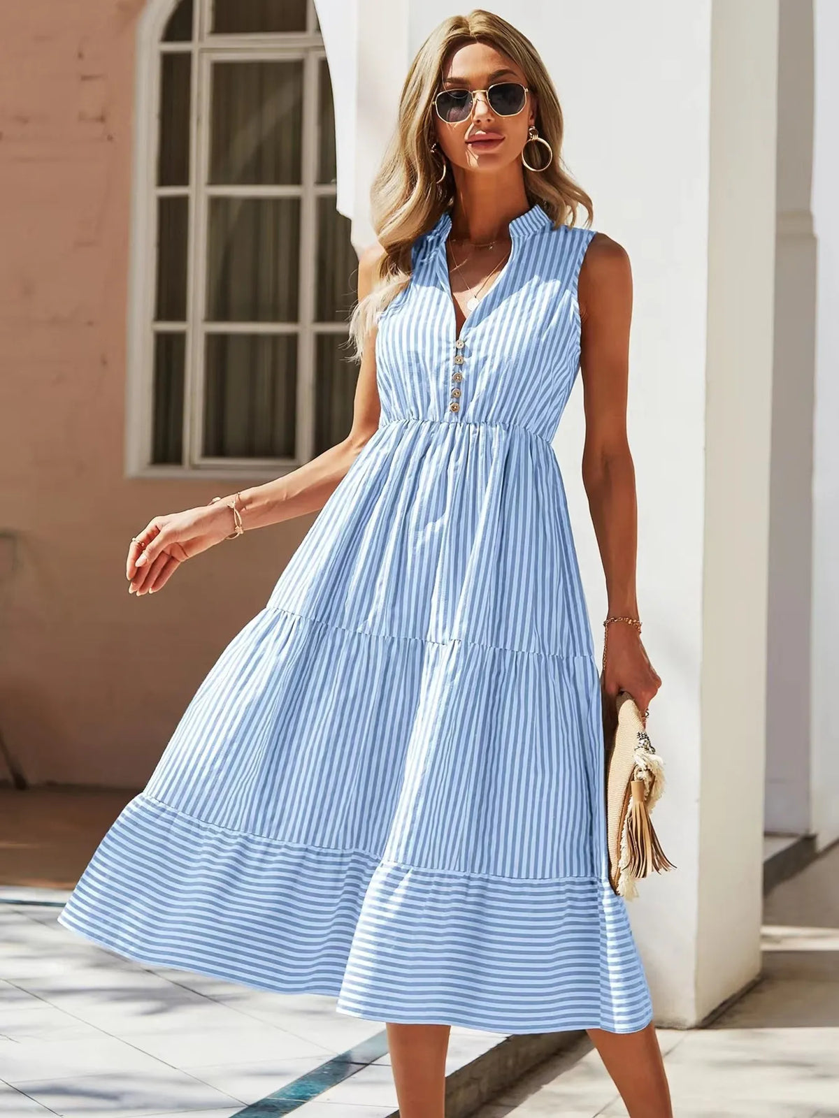 Striped Sleeveless Tiered Midi Dress by Elaine