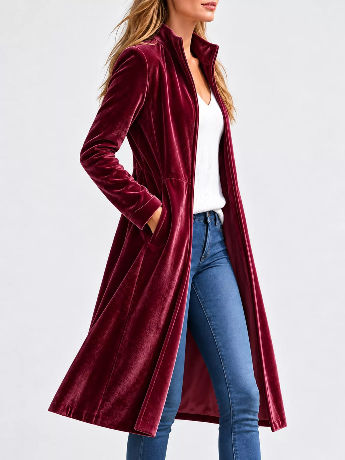 Velvet Zip-Up Longline Jacket