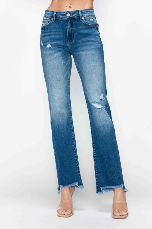 Raw Hem Distressed Mid Rise Straight Jeans in Medium Wash