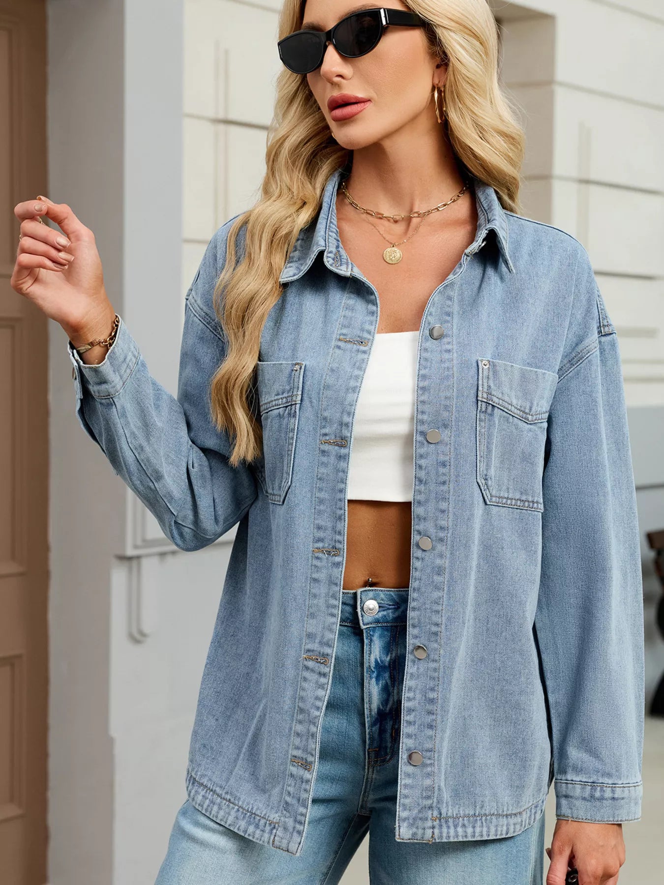 Button-Up Dropped Shoulder Denim Jacket with Pockets by Moni Wear