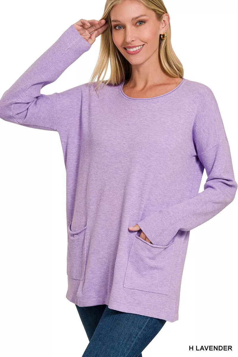 Zenana Long Sleeve Sweater with Front Pockets in Lavender in H lavender