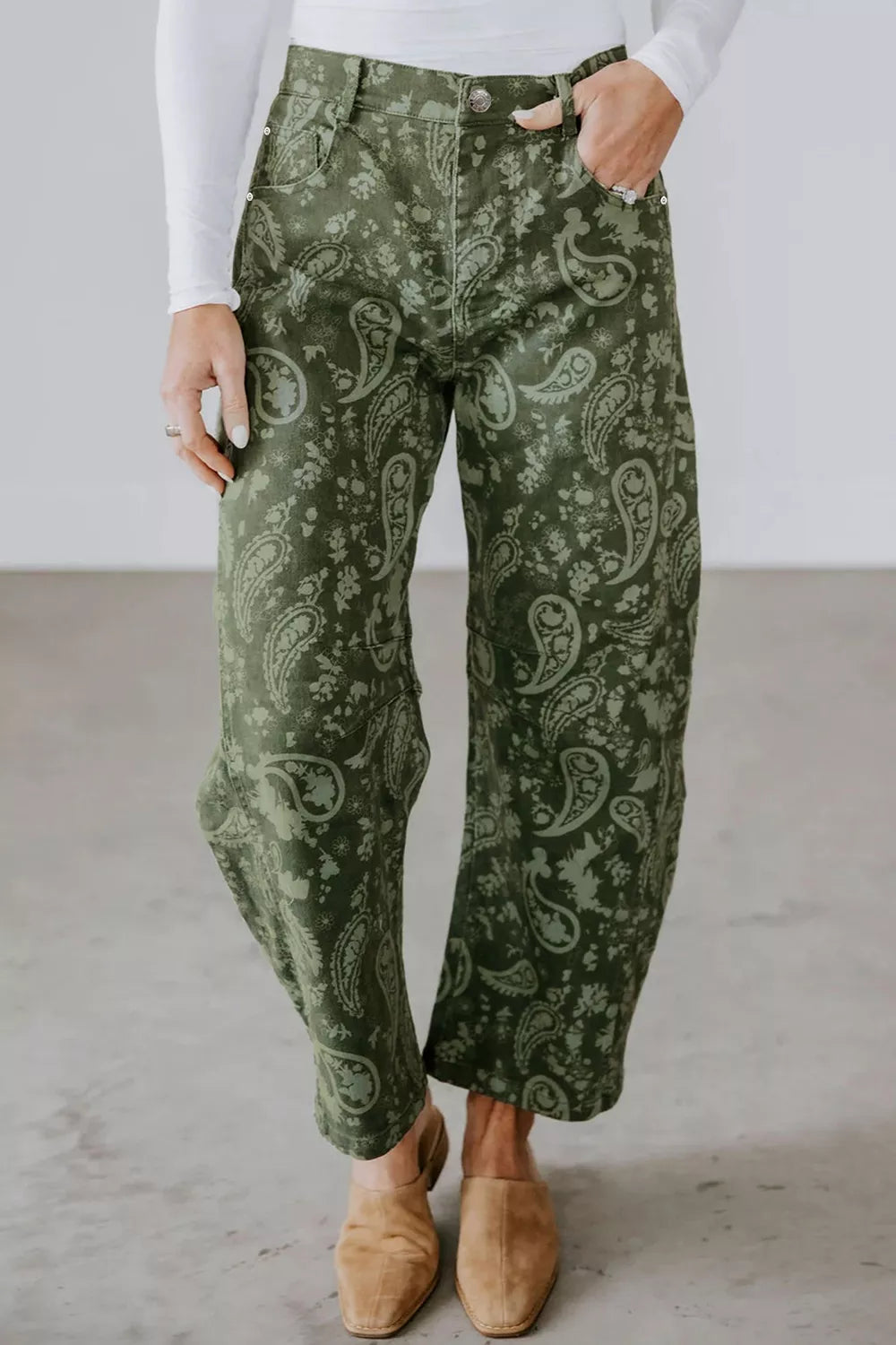 Paisley Print Harem Denim Pants in Dark Green