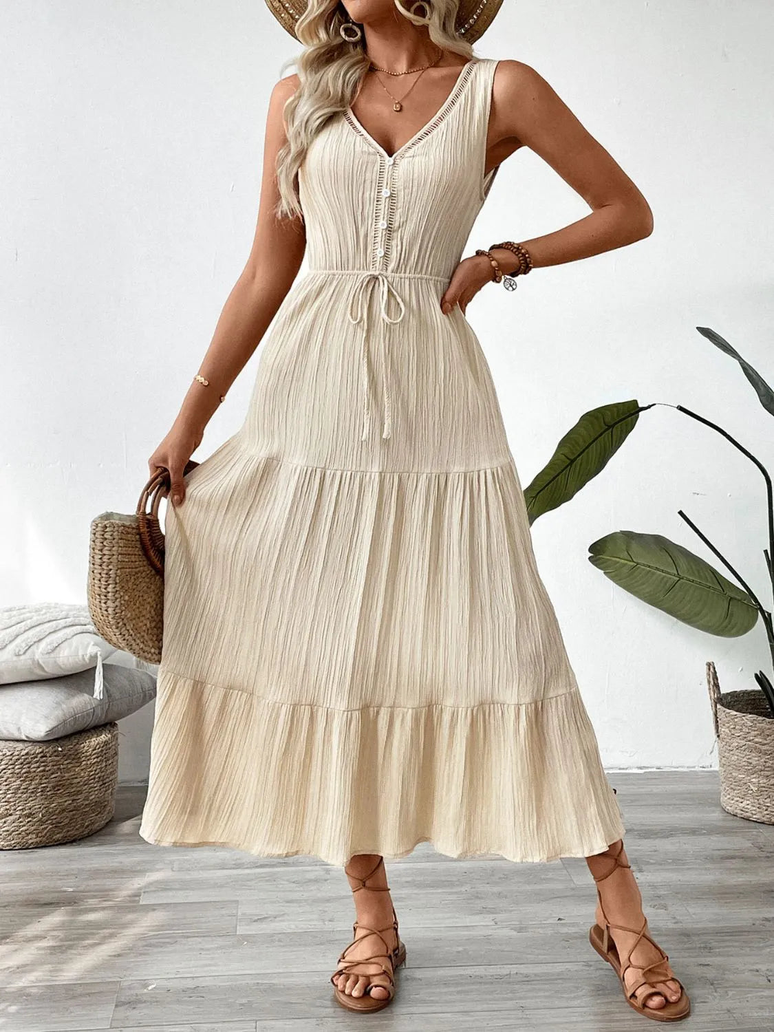 Decorative Button V-Neck Midi Dress in Tan